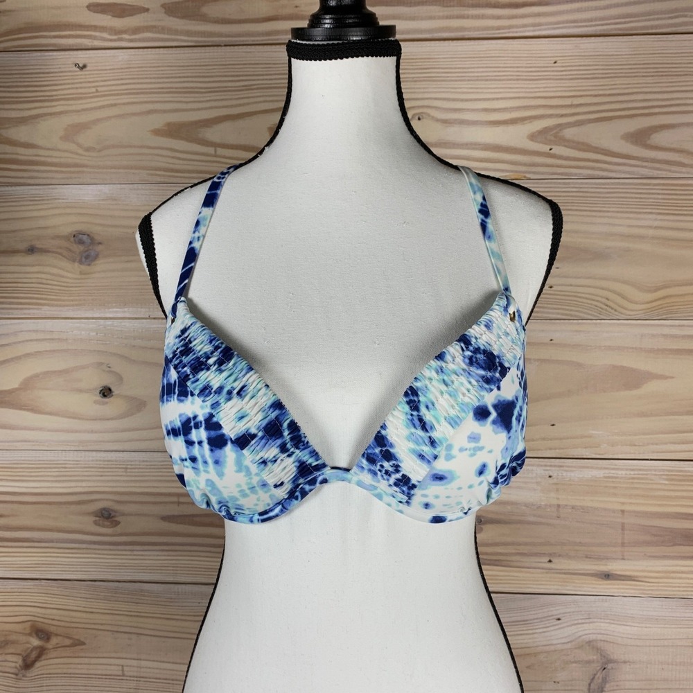 Victoria's Secret Bikini Top Womens 34D Blue Tie Dye The Gorgeous Push Up Swim